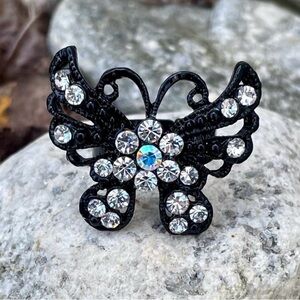 Butterfly Ring AB Clear Rhinestones and Black Metal Adjustable